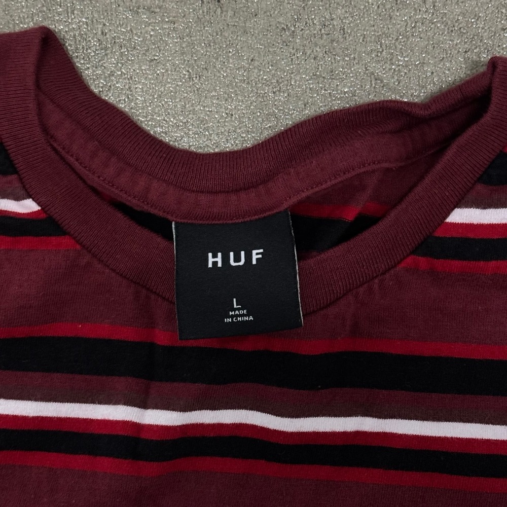 Huf Worldwide Striped T-Shirt Burgundy Black White Embroidered Logo Size L - Picture 3 of 4